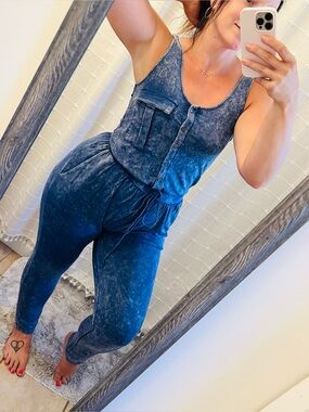 Promesa Blue Mineral Wash Comfy Jumpsuit